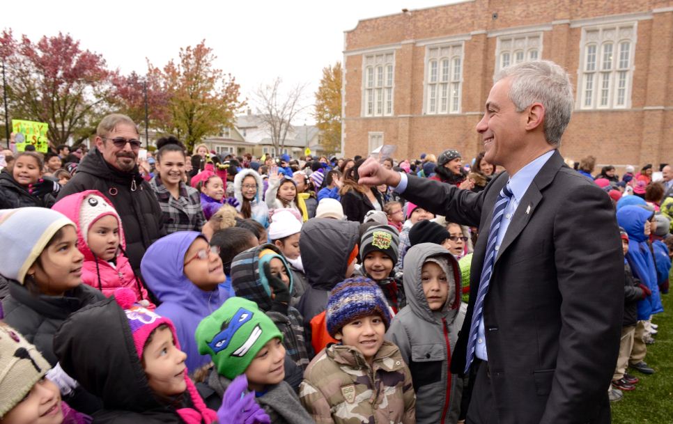 Mayor Emanuel joins Mary Lyon students and staff to cut the ribbon on the new playground and turf field.