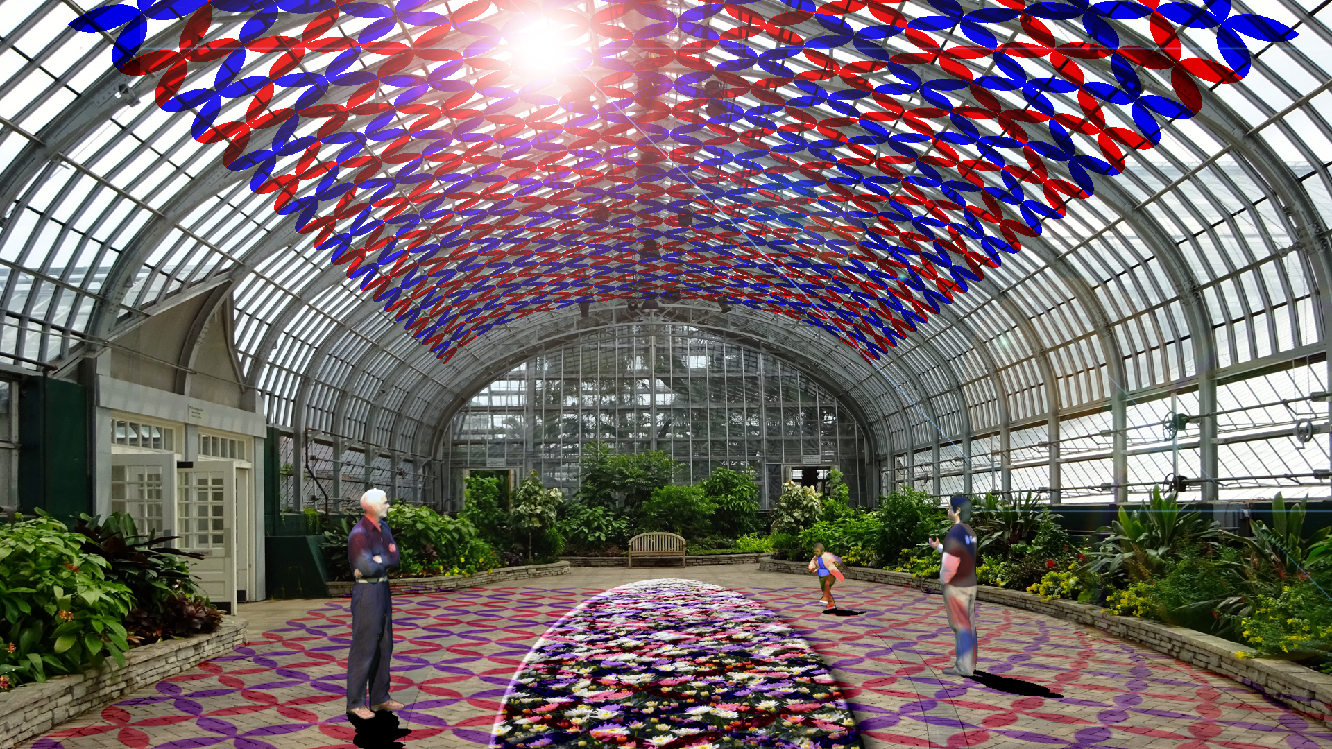 Florescence: A sculptural canopy of red and blue petals that will cast colorful shadows throughout the Show House by day and by night. The Show House color panel installation will reveal the spectrum of light necessary for plant growth.