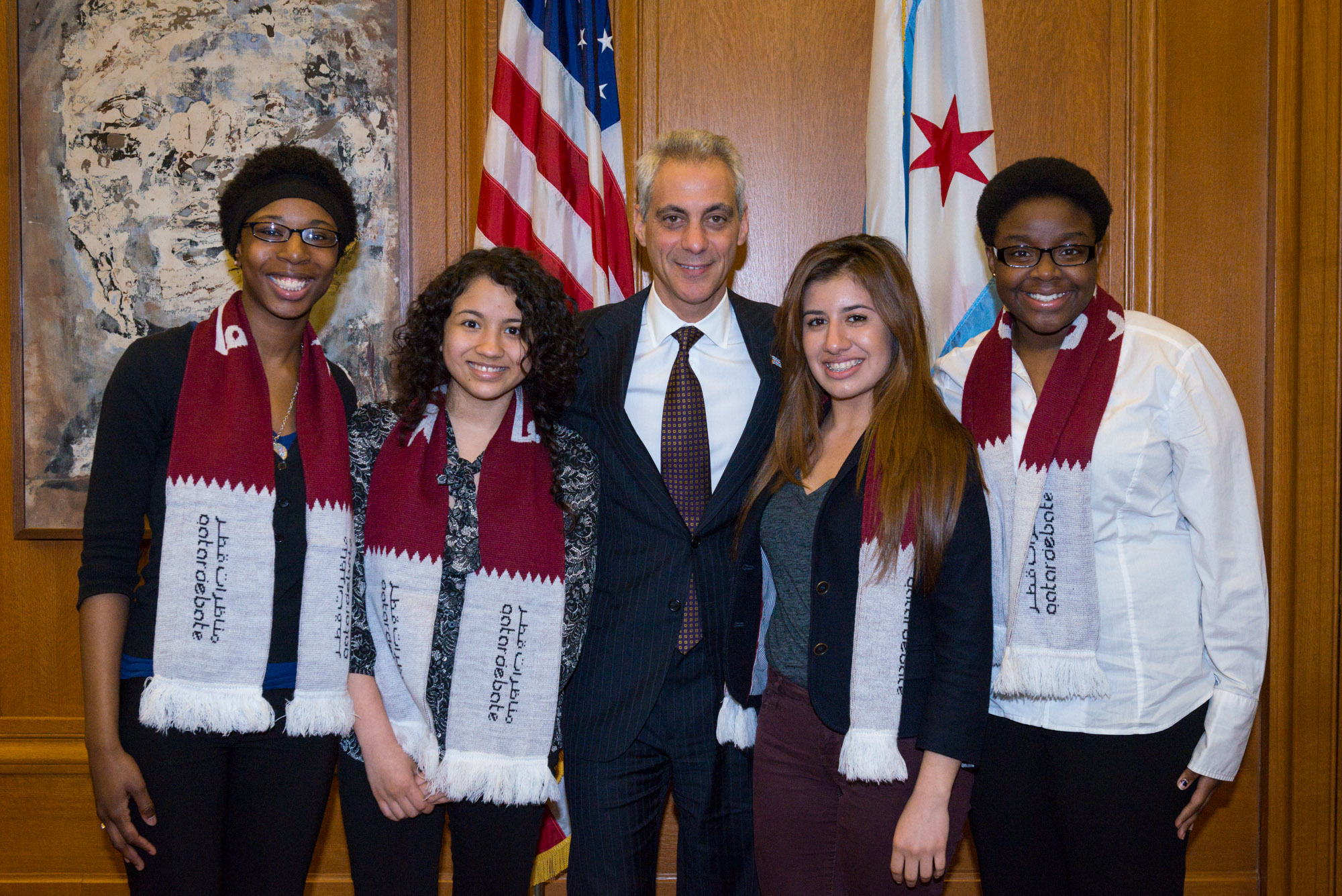 Mayor Emanuel meets and congratulates students from Lindblom Math and Science Academy on their recent participation in the Qatar Debate World Championship