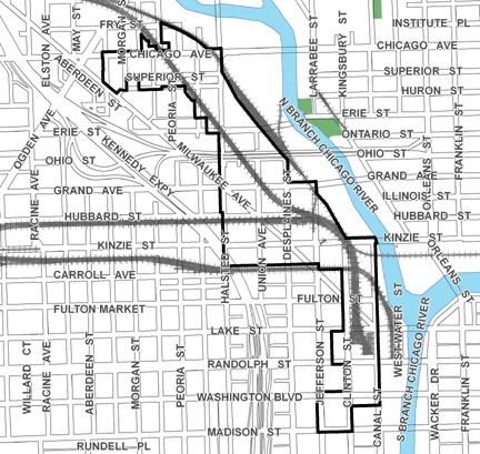 Carpenter West Chicago  River West TIF district map, roughly bounded on the north by Chicago Avenue, Madison