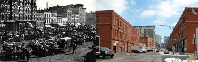 Historic view of Haymarket District/Modern view of Fulton Market